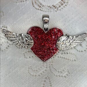 Red Heart and Angel Wings Silver Magnetic Pendant Retro Style